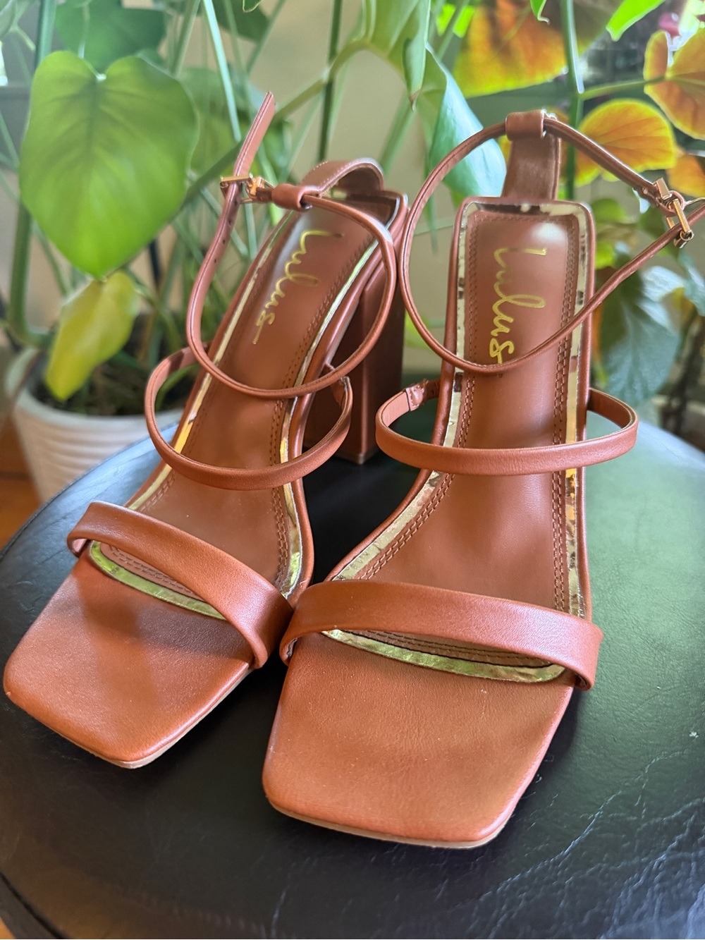 Lulu's Cognac Strappy Block Heel Sandals